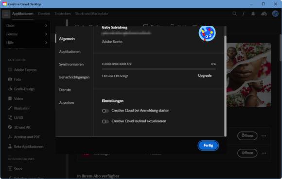 Die Voreinstellungen der Adobe-Cloud-Anwendung