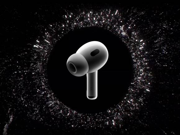 Um das ganze Potenzial der AirPods Pro auszuschöpfen, müssen die vielen versteckten Optionen ans Tageslicht gezogen werden Ein einzelner AirPod Pro vor einem schwarzen Hintergrund, umgeben von glitzernden Wassertropfen