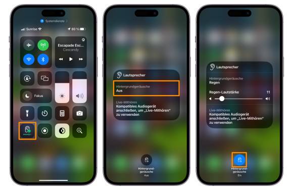 Drei Screenshots zeigen, wie die Hintergrundgeräusche für die AirPods aktiviert und gestoppt werden