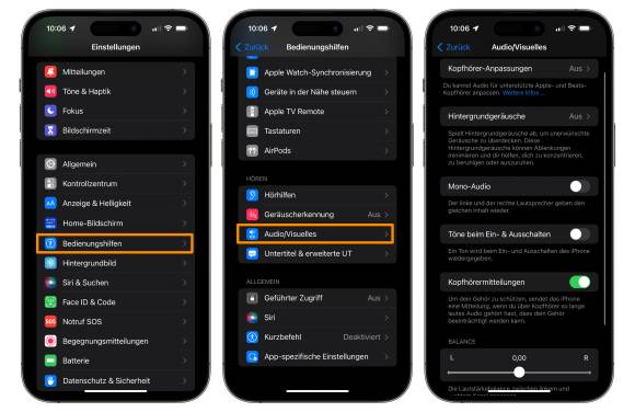 Drei Screenshots zeigen, wo die erweiterten Einstellungen für die Wiedergabe zu finden sind – zum Beispiel, um die Balance zwischen links und rechts dauerhaft zu justieren
