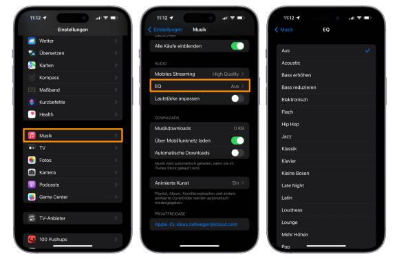 Drei Screenshots zeigen, wo der Equalizer der Musik-App zu finden ist