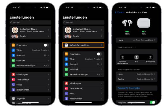 Drei Screenshots zeigen den Weg zu den etwas versteckten Einstellungen der AirPods