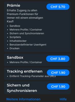 Hermit-Screenshot zeigt kostenpflichtige Optionen