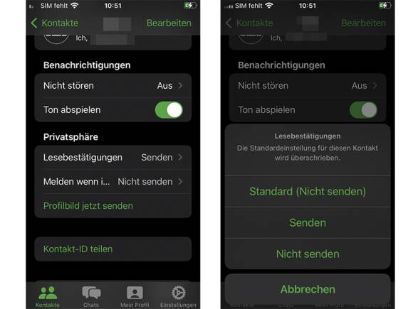 Threema für iOS, Ausnahmen für Kontakte festlegen