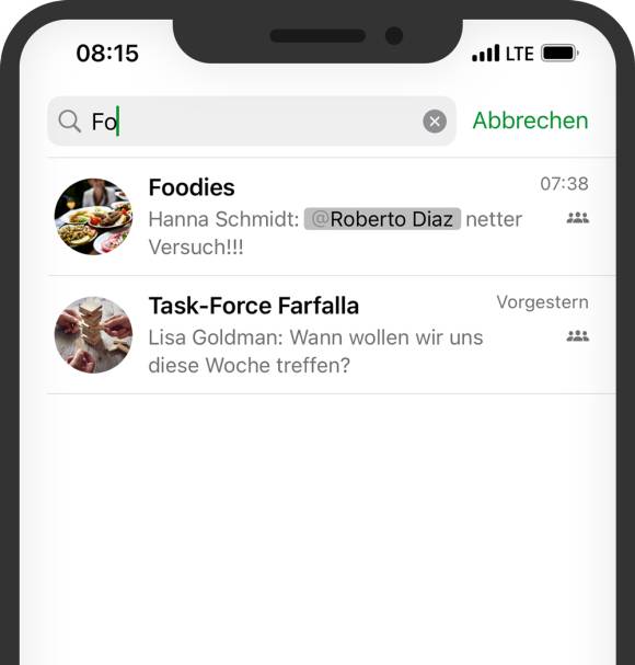 Die Such- bzw. Filterfunktion in Threema für iOS