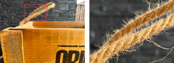 48 Mpx sind eine ganz andere Hausnummer – wenn die Lichtverhältnisse es zulassen Das Foto zeigt eine Blumenkiste aus Holz mit Seilen als Griffen; darunter wird ein vergrösserter Ausschnitt des Seils gezeigt