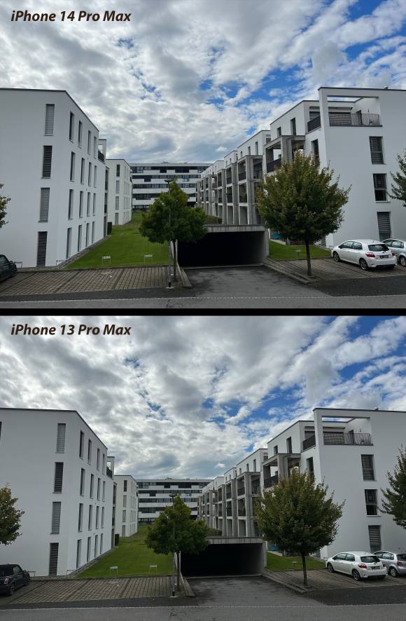 Zwei Fotos derselben Überbauung stehen untereinander; der Himmel ist wolkenverhangen. Die Unterschiede zwischen den beiden Aufnahmen sind minimal.