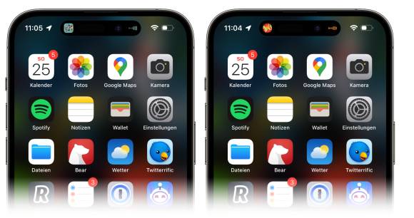 Der Screenshot zeigt zwei iPhones nebeneinander; der Fokus liegt auf der Musikwiedergabe ganz oben am Display