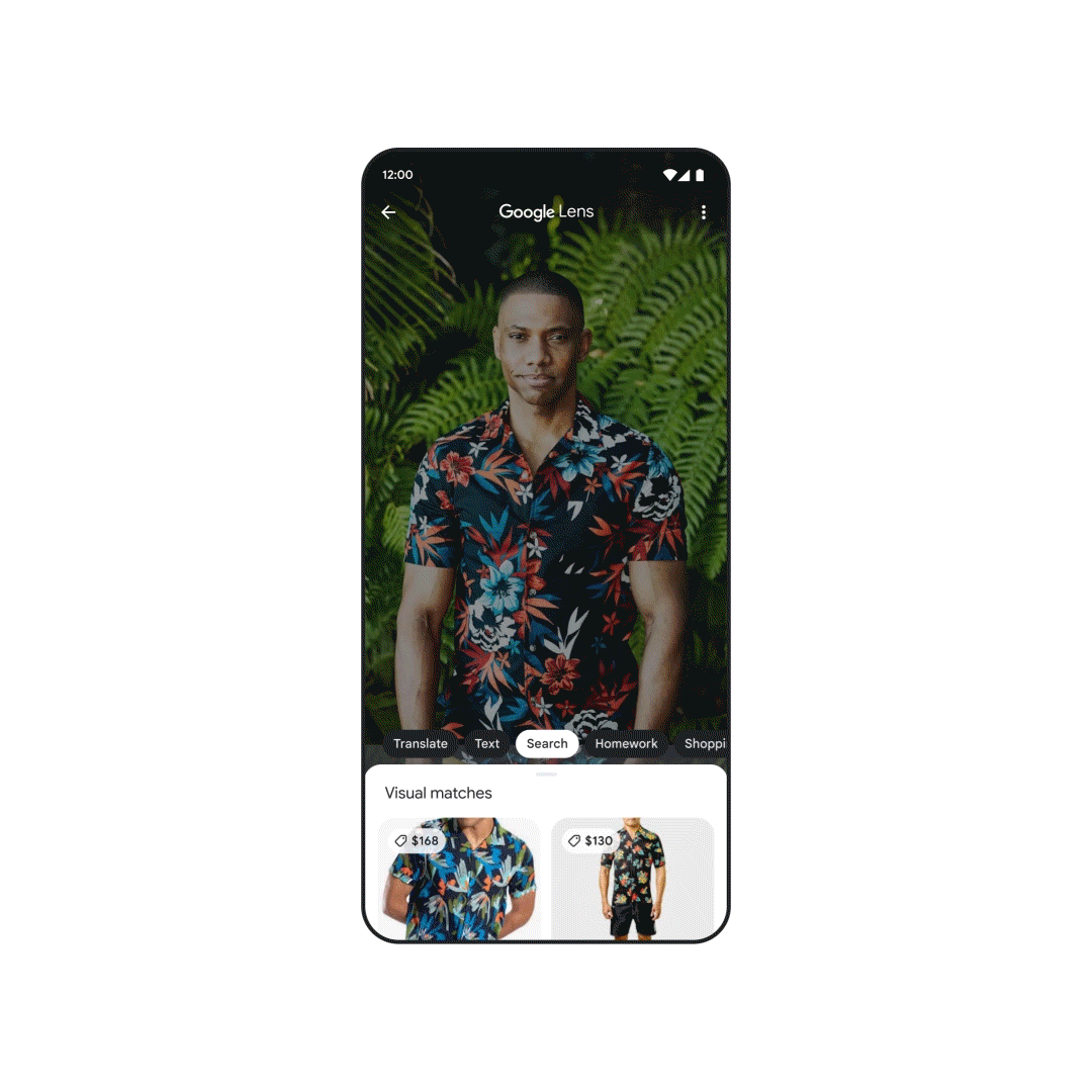 Animiertes GIF zeigt Multisearch-Funktion anhand der Kleidung eines abgebildeten Mannes