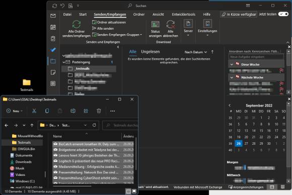 Die Mails im Explorer-Ordner, daneben das Mailprogramm mit einem noch leeren Mailordner