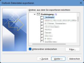 Das .pst-Export-Fenster in Outlook