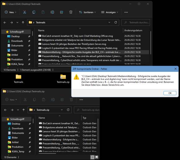 Fehlermeldung beim Versuch, eine Maildatei mit Gedankenstrich im Namen in den Zip-Ordner zu ziehen