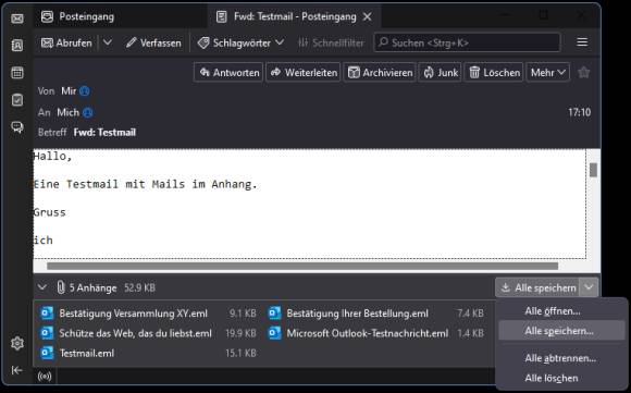 Eine Thunderbird-Mail mit Mails im Anhang und dem Befehl "Alle speichern"