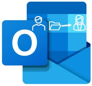 Outlook-Logo und Piktogramme eines Ordners, der von einem Nutzer zu einer Nutzerin wandert 