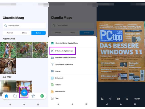 Drei Screenshots der kDrive-App (Android) zeigen den Scanvorgang 