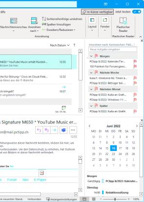 Die rechts eingeblendete Box mit Outlook-Aufgaben und den nächsten Kalendereinträgen