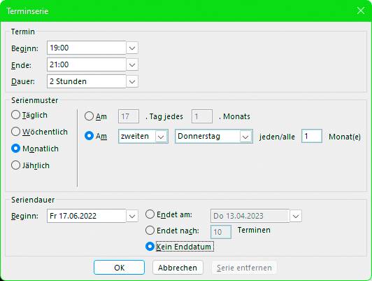 Planungsfenster für eine Terminserie