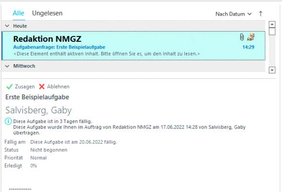 E-Mail mit einer Aufgabenanfrage