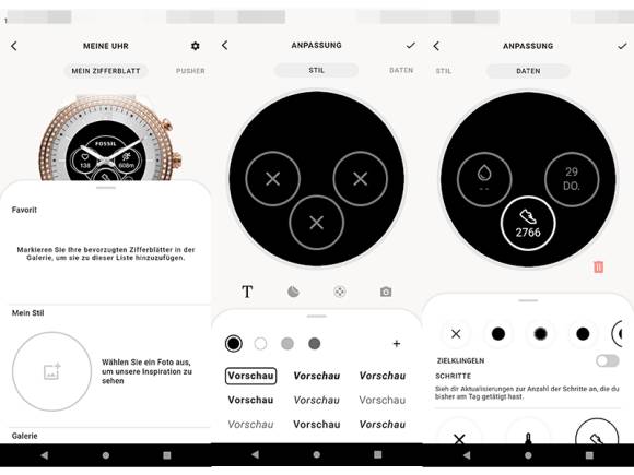 Die Ziffernblatt-Einstellungen in der Fossil-Smartwatch-App