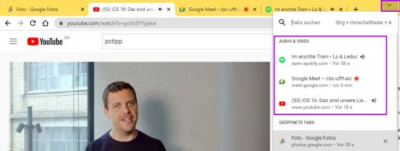 Screenshot von Google Chrome, der ein YouTube-Video abspielt, mit geöffnetem Tab-Suche-Menü