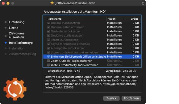 Der Screenshot zeigt die verschiedenen Optionen, um Teile von Office oder das ganze Paket zu löschen