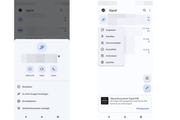 Signal-Screenshots mit den Menüs für Kontakte und Nachrichten 