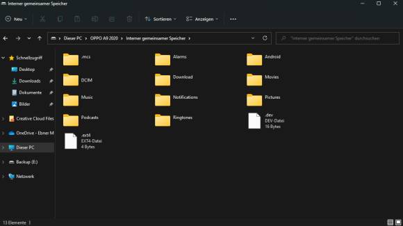 Ein Windows-Explorer zeigt Ordner auf dem angestöselten Android-Smartphone