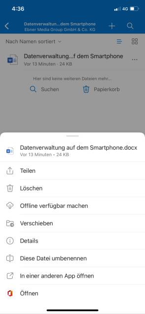 Verfügbare Dateifunktionen von Microsoft OneDrive auf dem Smartphone