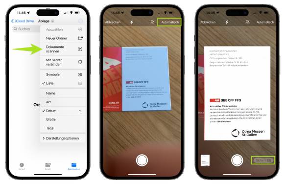 Drei iPhones zeigen schrittweise, wie Dokumente eingelesen werden