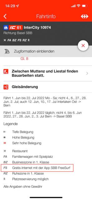 Screenshot der SBB-App, eine Verbindung trägt das zusätzliche Kürzel FS (FreeSurf)