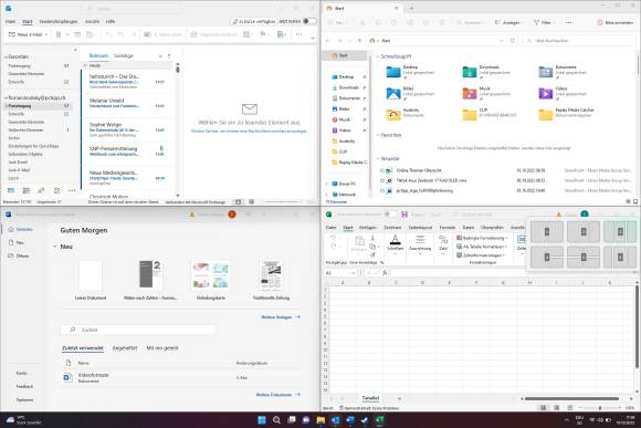 Vier Programmfenster sind per Snap-Layout zusammen angeordnet 