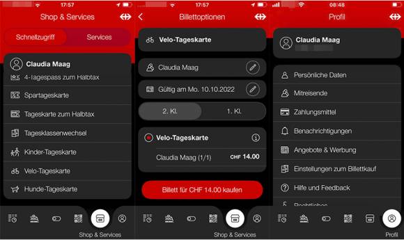 Drei Screenshots zeigen Services, Billetoptionen und Profil