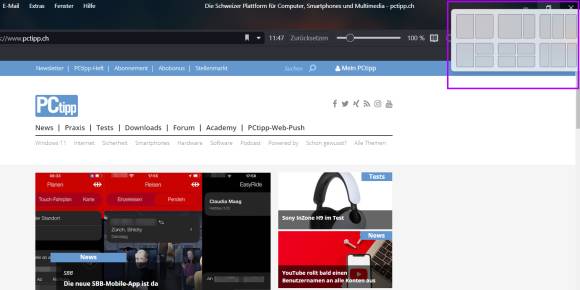 Ein Vivaldi-Browserfenster mit den oben rechts angebotenen Snap-Layouts 