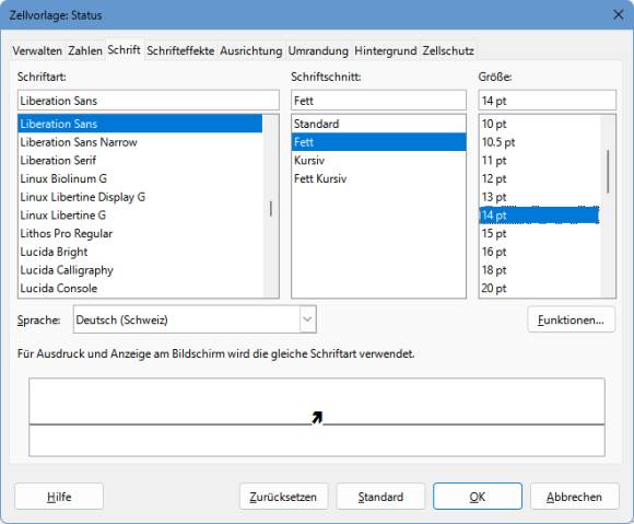 Die Einstellungen zur Zellvorlage "Status"