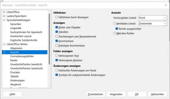 Einstellungen Linealposition