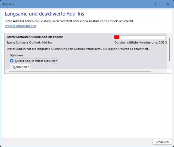 Outlook-Dialog, mit der Info, das Add-in sei deaktiviert worden