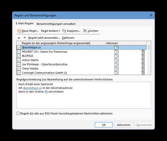 Das Regelverwaltungsfenster von Microsoft Outlook 