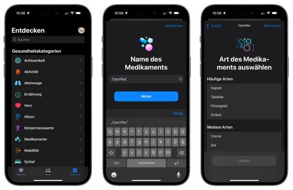 Drei iPhones zeigen nebeneinander, wie ein Medikament in der Health-App erfasst wird, damit die Apple Watch an die Einnahme erinnern kann