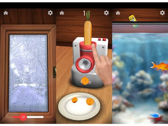 Nebeneinander drei Screenshots aus der App: Eine Winterlandschaft durch ein Fenster gesehen, eine Karottenschneidmaschine und ein Aquarium 