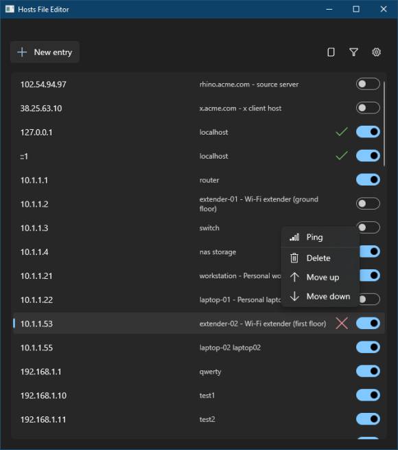 Screenshot einer Beispiel-Hosts-Datei im PowerToys Hosts-File-Editor