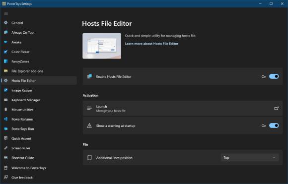 Screenshot der Hosts-Editor-Einstellungen in den PowerToys 