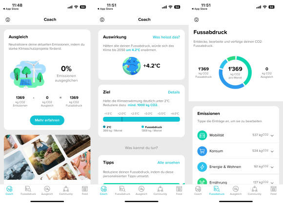 Drei App-Screenshots nebeneinander zeigen die Funktionen von Enerjoy 