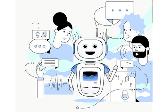 Computerzeichnung zeigt einen lächelnden Roboter, umgeben von Personen und Sprechblasen 
