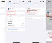 Vier iPhone-Screenshots nebeneinander zeigen den Weg zu den Kontakteinstellungen