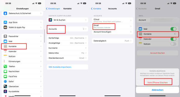 Vier iPhone-Screenshots nebeneinander zeigen den Weg zu den Kontakteinstellungen 