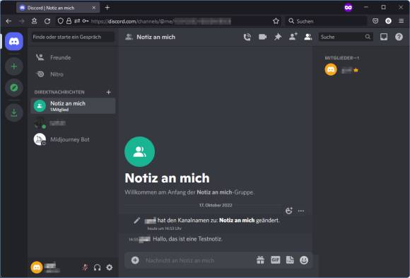 Notizkanal mit einer selbst erstellten Beispielnotiz