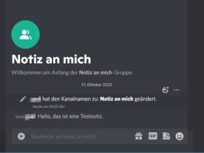 Eine Beispiel-Nachricht im Discord-Kanal namens "Notiz an mich" 