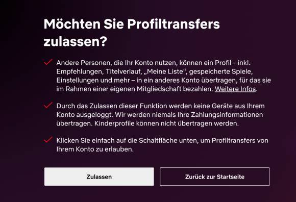 Netflix-Screenshot mit Infos über den Profiltransfer 