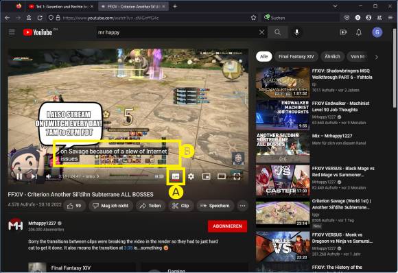 Ein Video in YouTube. Markiert sind das Untertitel-Icon und die angezeigten Untertitel