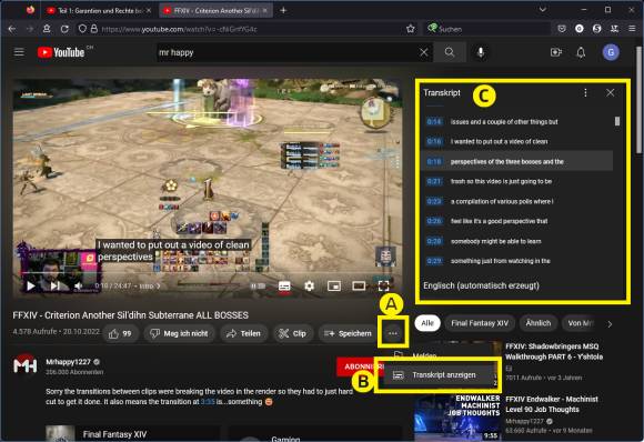 Neben einem YouTube-Video ist das Transkript sichtbar